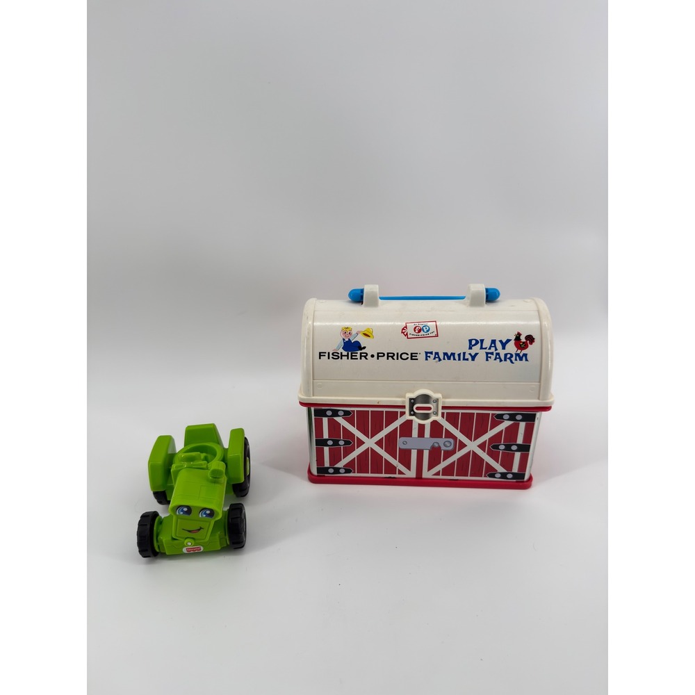 Fisher Price Play Family Farm Carry Case Lunch Box and Green Tractor Toy Set
